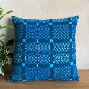 Teal Welsh Blanket & Duck Egg Tweed Cushion Cover - 100% Wool Welsh Tapestry and Harris Tweed Cushion Cover