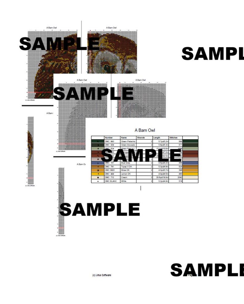 May include: A cross-stitch pattern for a barn owl. The pattern includes a color chart with DMC thread numbers and names, and a grid showing the placement of each stitch. The owl is depicted in shades of brown, green, and white.