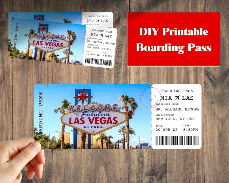 Las Vegas Printable Ticket Boarding Pass, Surprise Vacation Trip Ticket