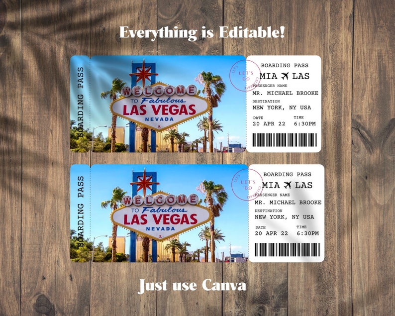 Las Vegas Printable Ticket Boarding Pass, Surprise Vacation Trip Ticket, Customizable Digital
