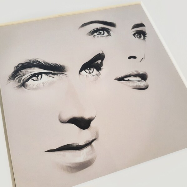 REAR WINDOW (Hitchcock 1954) Illustrated Portrait, James Stewart, Grace Kelly, 8"x8" Matte Print (frame not included)
