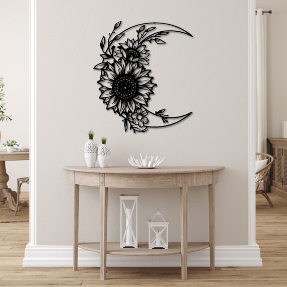 Crescent Moon Floral Sunflower Metal Wall Art Moon Flower | Etsy