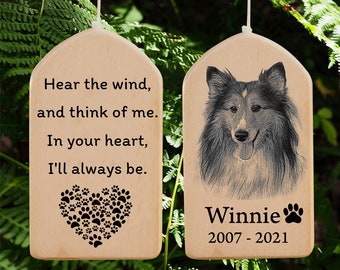 Pet portrait memorial wind chime for grief owners, sympathy gift remembered, sketch dog cat loss sign for garden, outside memory