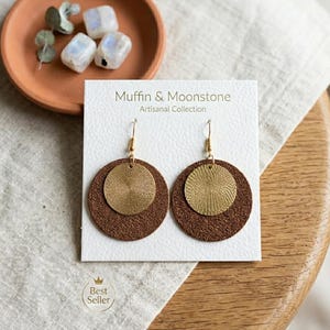 Mixed Metal & Leather Geometric Earrings, Metallic Bronze Circle Dangles, Gold Textured Disc Statement Jewelry, Boho Chic Gift for Her