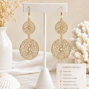 May include: Gold-tone dangle earrings featuring two circular discs with intricate filigree cutouts and a small faux pearl accent at the top. The earrings hang from fishhook wires and measure approximately 3 inches long as stated on the card.