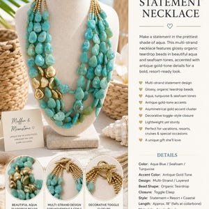May include: A multi-strand statement necklace featuring glossy organic teardrop beads in shades of aqua, turquoise, and seafoam. The necklace includes antique gold-tone accents, an asymmetrical gold accent cluster, and a decorative toggle-style closure.