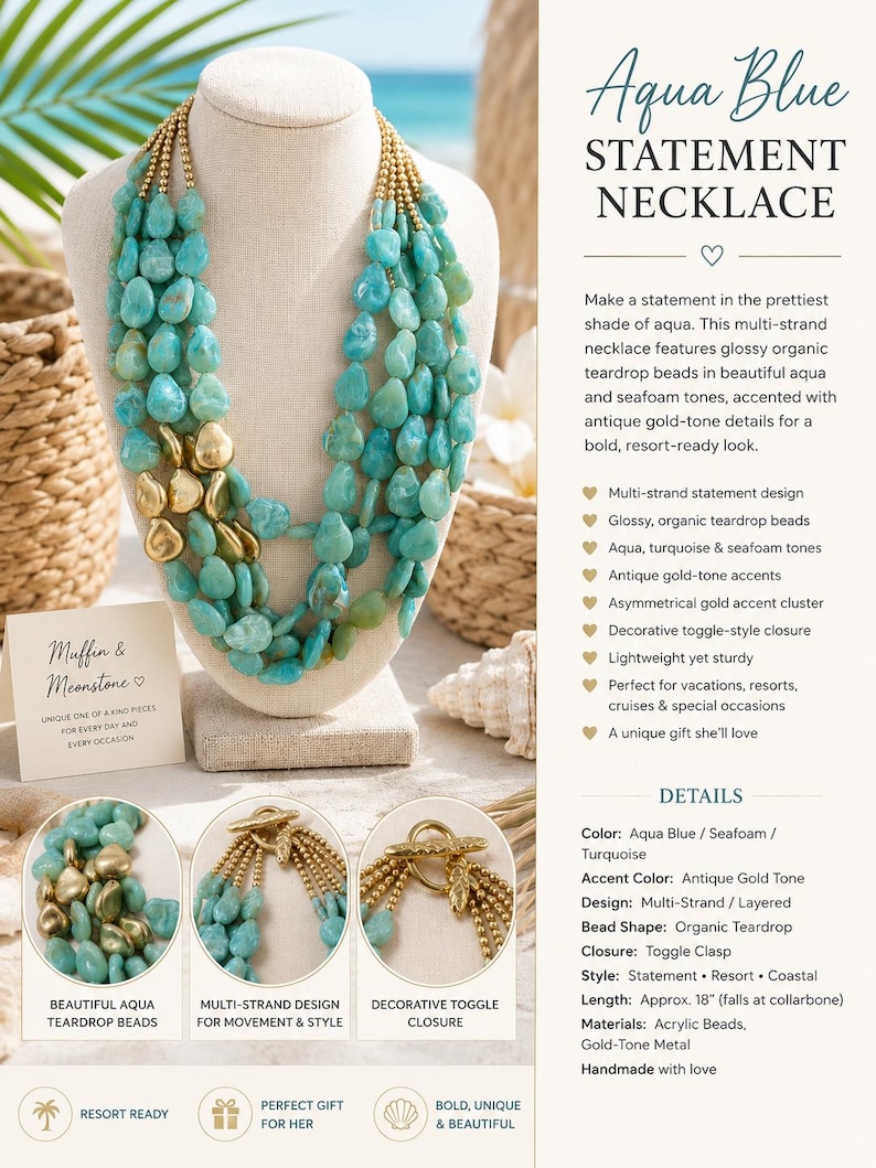 May include: A multi-strand statement necklace featuring glossy organic teardrop beads in shades of aqua, turquoise, and seafoam. The necklace includes antique gold-tone accents, an asymmetrical gold accent cluster, and a decorative toggle-style closure.