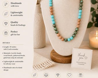 Turquoise, Blue & Natural Wood Beaded Necklace Boho Statement Necklace  Inspired Jewelry Handmade Chunky Bead Necklace Gift for her