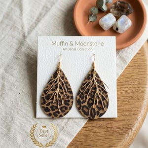 Leopard suede Print Teardrop Earrings, Gold Branch Filigree Overlay, Wild & Elegant Statement Dangles, Boho Chic animals Print gift for her