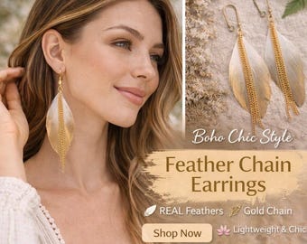 Feather Chain Earrings Boho | Gold Feather Dangle Earrings | Lightweight Statement Earrings | Festival Jewelry | Boho Chic Gift for Her