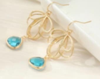 Pendientes colgantes en forma de lágrima color turquesa, pendientes de jaula esculturales dorados, pendientes colgantes de piedra aguamarina estilo boho, joyería llamativa para ella, regalo para damas de honor