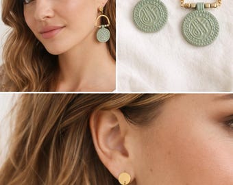 Boho Arch Earrings, Sage Green Statement Earrings, Lightweight Clay Dangle Earrings, Gold Geometric Earrings, Gift for Her Jewelry