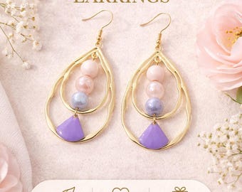 Purple Teardrop Earrings, Gold Statement Earrings, Lightweight Dangle Earrings Gift for her