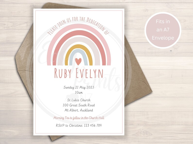 Pink Rainbow Editable Dedication Invite Template 5x7 Printable, Instant