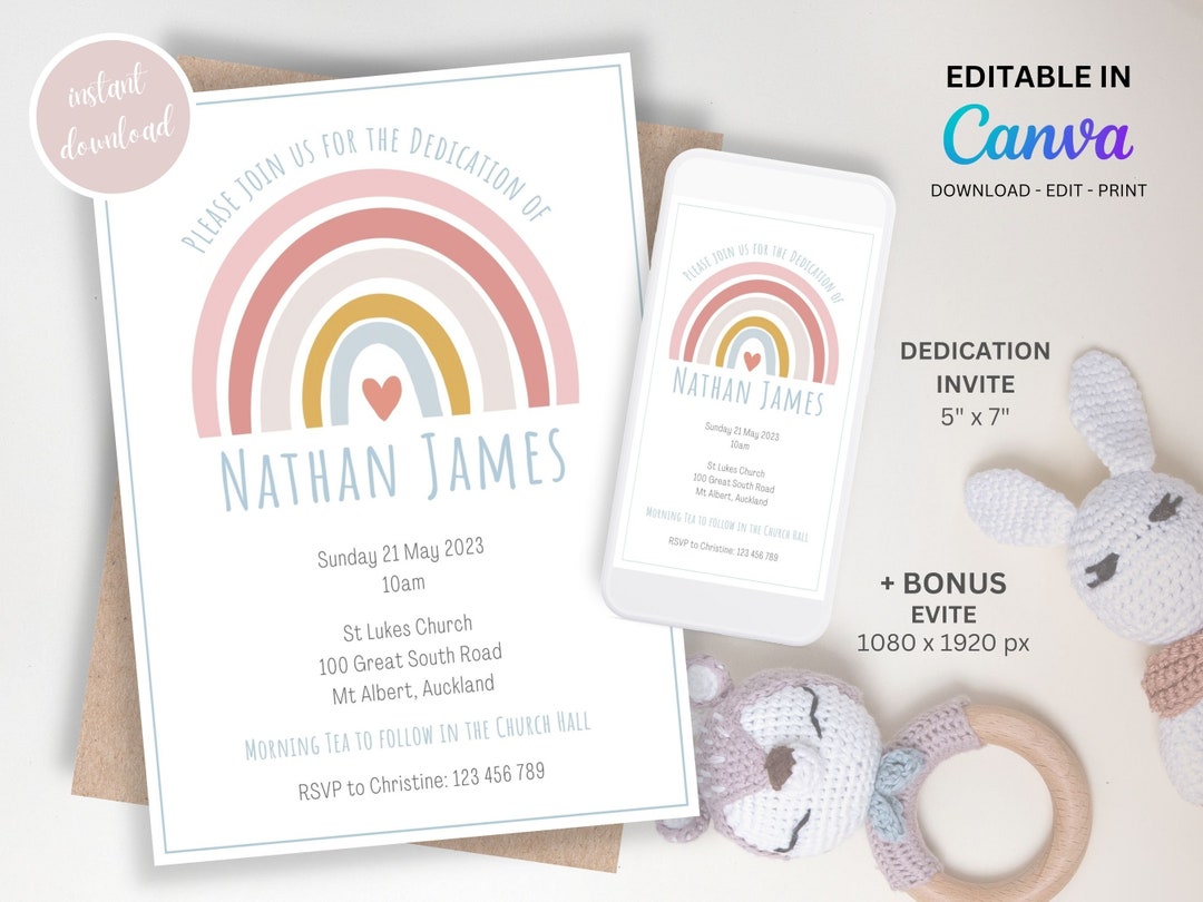 Blue Rainbow Editable Dedication Invite Template 5x7 Printable, Instant