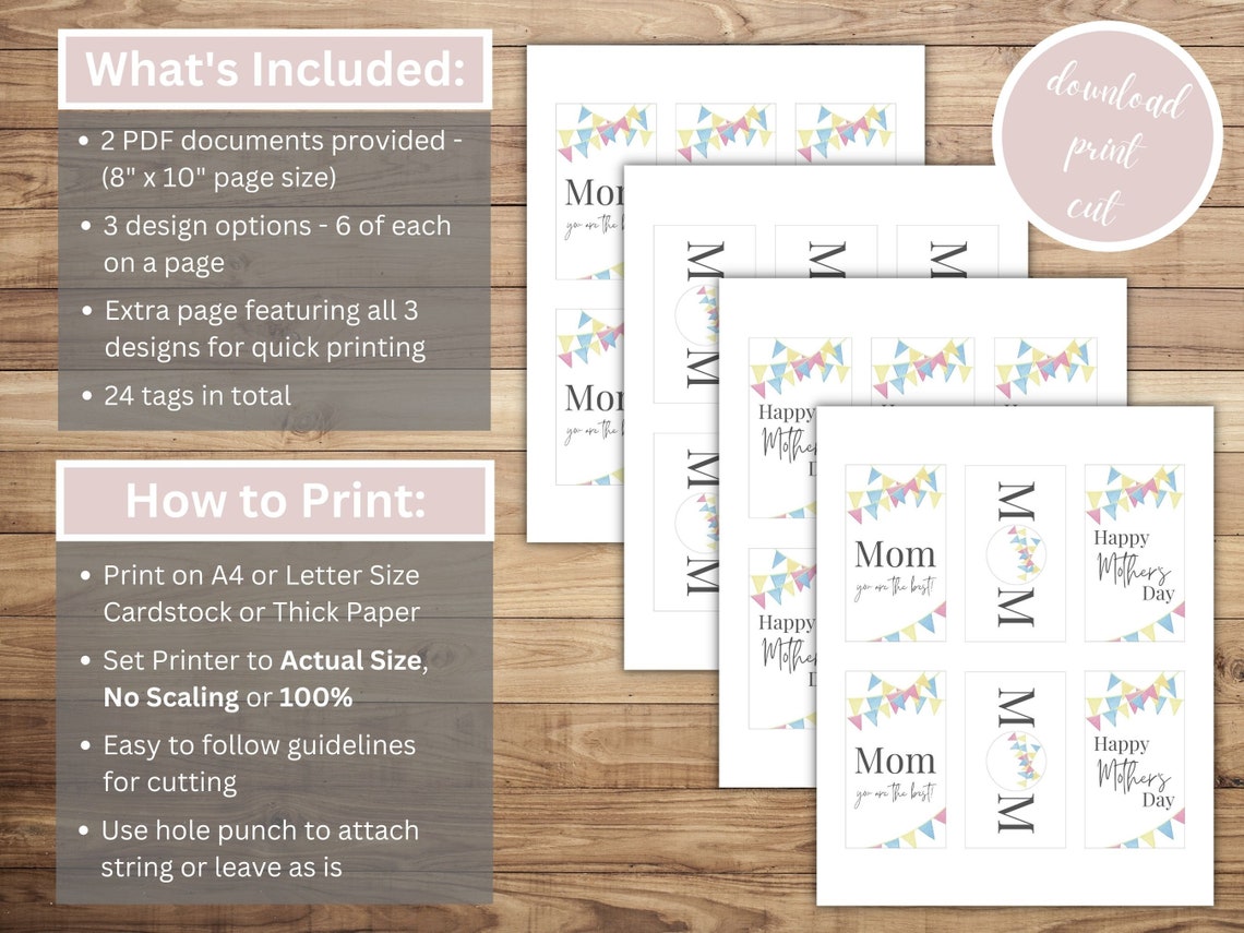 Mother's Day Gift Tags, Printable PDF, Instant Download, Happy Mother's ...
