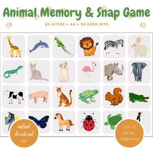 Jogo de memória de animais para impressão, dois jogos em um, jogo de memória, jogo instantâneo, atividade de correspondência, download instantâneo, PDF, carta dos EUA, A4