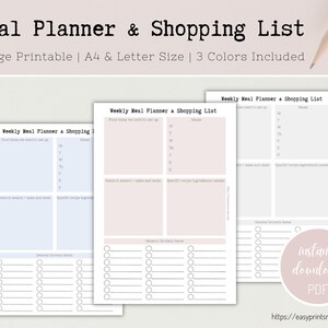 Meal Planner, Shopping List, Printable, PDF, Weekly Meal Chart, Grocery List, Menu Planner, A4 and US Letter Size, Instant Download