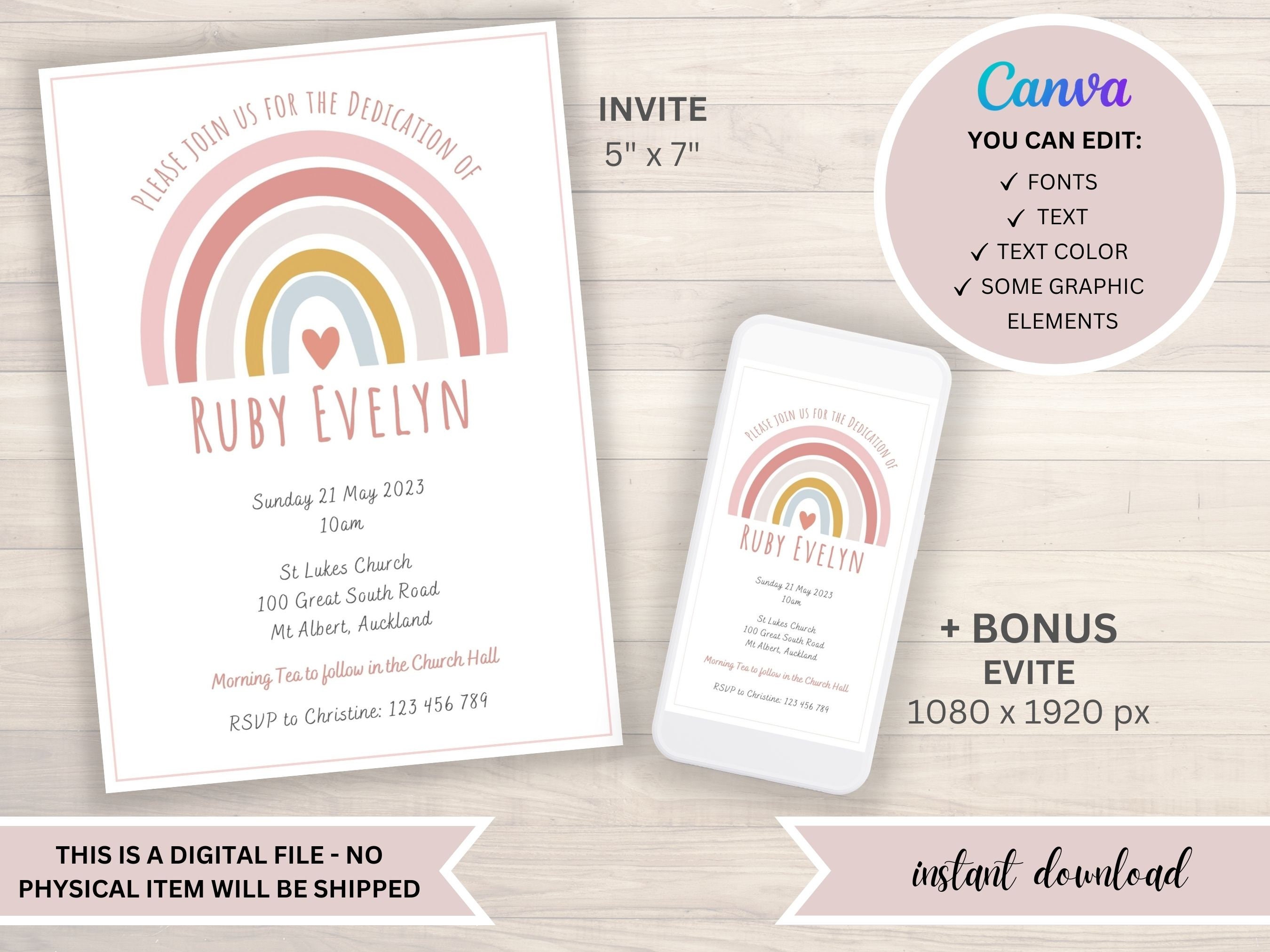 Pink Rainbow Editable Dedication Invite Template 5x7 Printable, Instant