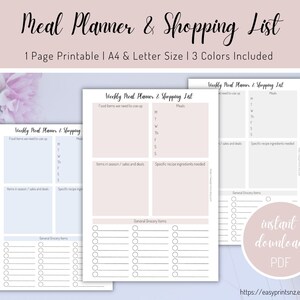 Meal Planner, Shopping List, Printable, PDF, Weekly Meal Chart, Grocery List, Menu Planner, A4 and US Letter Size, Instant Download