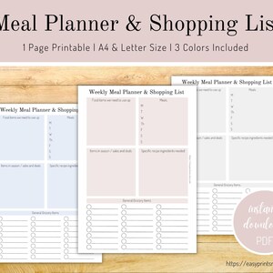 Meal Planner, Shopping List, Printable PDF, Weekly Meal Chart, Grocery List, Menu Planner, A4 and US Letter Size Instant Download