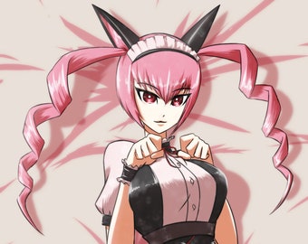 May include: A woman with pink hair and cat ears is wearing a black and white maid outfit with a red corset. She is lying on a pink bedspread with her legs crossed and her hands clasped in front of her.