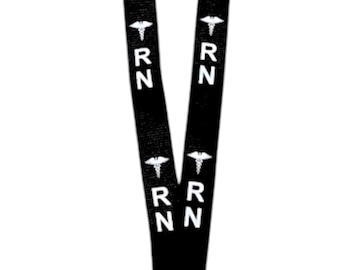 May include: Black lanyard with a silver clip and the text "RN" repeated with a medical symbol on each side.