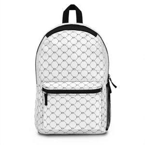 May include: White backpack with black straps and a black zipper. The backpack has a repeating pattern of "RN" in a black grid.