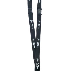 May include: Black lanyard with a white medical symbol and the letters "RT" repeated.
