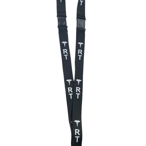 BLACK RT LANYARD, Badge holder/key holder with 2 breakaways, Respiratory Therapist Gift