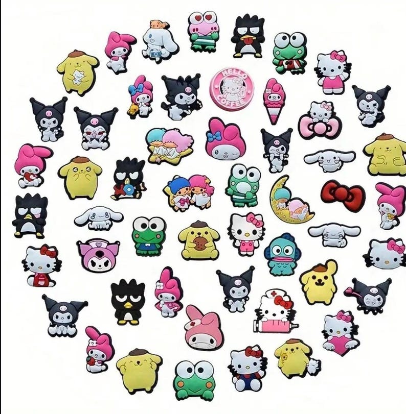 May include: A collection of colorful cartoon character charms featuring Hello Kitty, My Melody, Keroppi, and other Sanrio characters. The charms are made of rubber and are perfect for adding a touch of whimsy to your belongings.