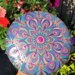 Stor Mandalasten, Handmålad Prickkonst, Boho Dekor (18 cm), Helig Geometri