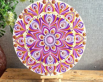 Handmade Sacred Geometry Mandala Art, Pink Gold Dot Decor, 10 inch