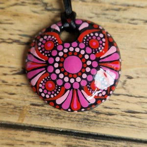 Handmade Ceramic Mandala Pendant: Pink & Red Boho Necklace