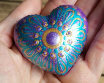 Hand Painted Mandala Heart Stone, Purple Teal Dot Art, Meditation Gift