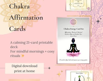 May include: A digital download of Chakra Affirmation Cards. The cards are designed for mindful mornings and cozy rituals. The set includes a 21-card printable deck with affirmations and mantras to align and awaken inner power.