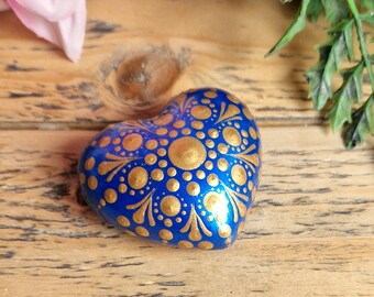 Hand Painted Mandala Heart Stone, Blue and Gold Dot Art