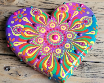 Hand Painted Mandala Heart, Rainbow Dot Art Decoration, Colourful Spiritual Gift, Meditation Home Decor, Unique Boho Ornament