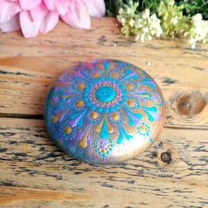 Hand Painted Mandala Stone, Teal Purple Gold Dot Art, Calming Meditation Rock, Spiritual Home Decor, Unique Boho Gift for Relaxation