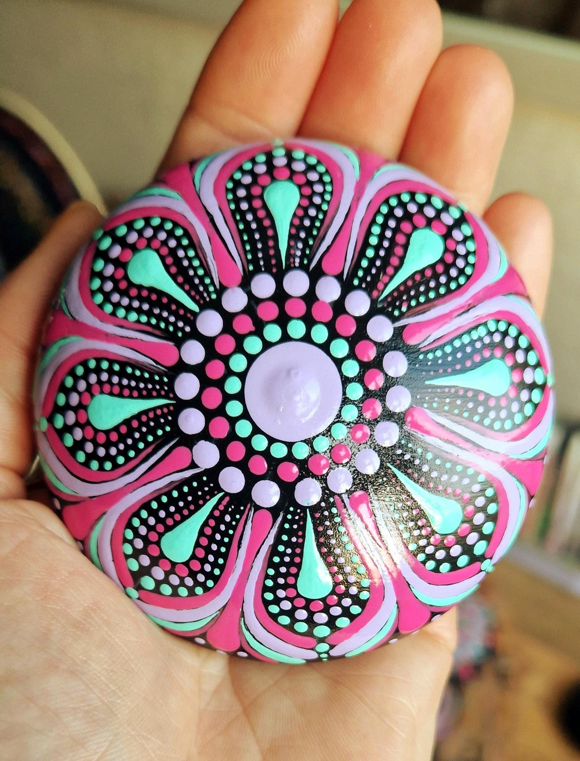 Hand Painted Mandala Stone, Pink Turquoise & Purple Dot Art, Boho Home Decor, Spiritual Gift, Meditation Stone, Unique Handmade Ornament