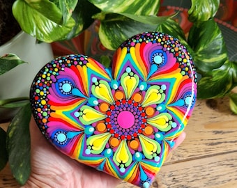 Hand Painted Mandala Heart, Rainbow Dot Art, Boho Decor