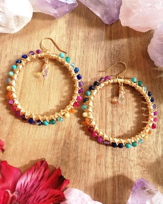 Rainbow Earrings Bead Earrings Wire Wrapped Earrings Hoop