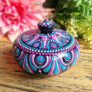Hand Painted Mandala Trinket Pot, Dot Art Jewelry Holder (3.3")