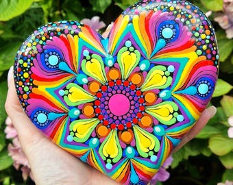 Large Mandala Heart, Rainbow Hand Painted Dot Art, Boho Home Decor, Colourful Heart Ornament, Unique Meditation Gift