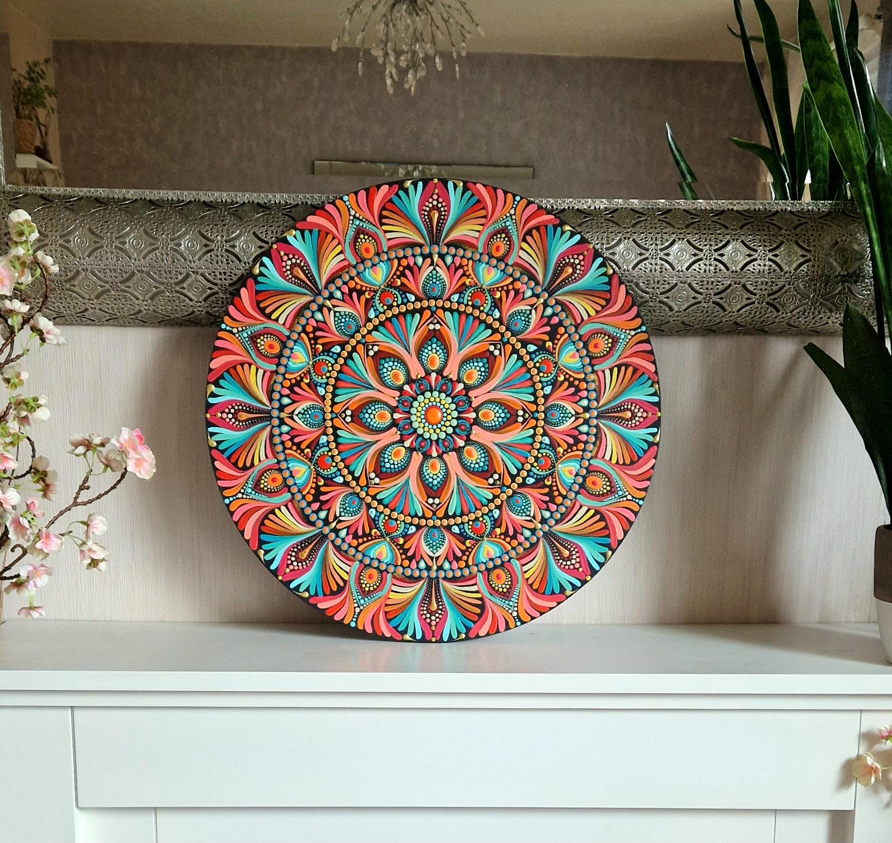 Hand Painted Boho Mandala Wall Art, Sacred Geometry Decor - Etsy