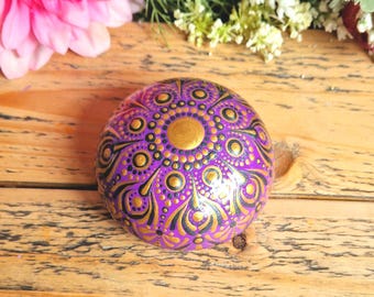 Hand Painted Mandala Stone, Purple Gold Dot Art, Spiritual Decor