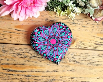 Hand Painted Mandala Heart Stone, Colorful Dot Art Decor