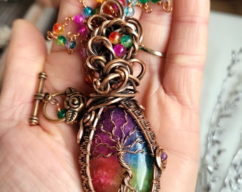 Rainbow solar quartz pendant, wire wrapped pendant, handmade pendant, gemstone necklace, copper necklace