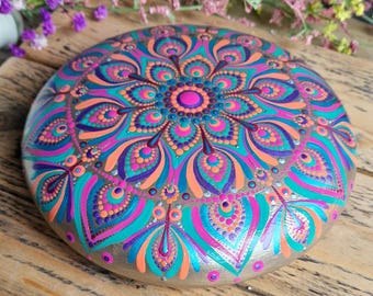 Extra Large Mandala Stone 18cm, Hand Painted Dot Art Rock, Meditation Decor, Boho Ornament, Unique Mindfulness Gift