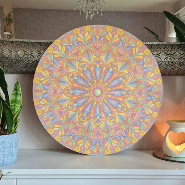 Handmålad mandala-väggkonst | 50 cm pastellfärgad bohemisk dekor